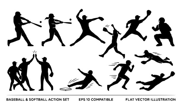 Female softball and baseball athlete vector silhouette set