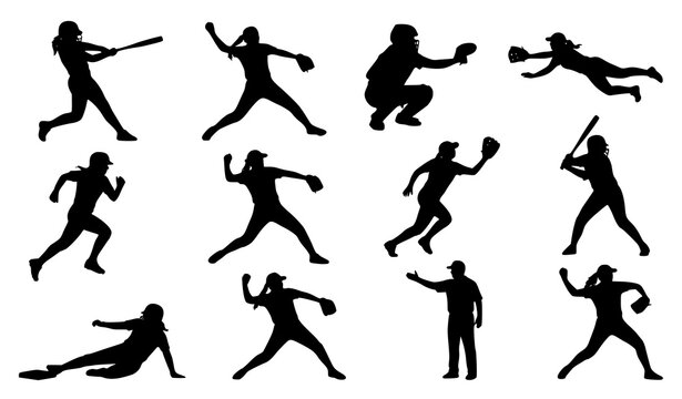 Baseball and softball athlete silhouette collection vector illustration