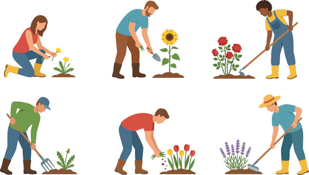 Set of diverse people gardening planting flowers and vegetables flat vector illustration for spring and summer concepts isolated on white