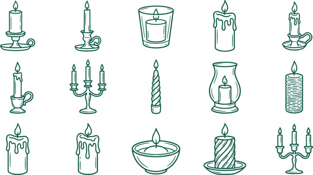 Set of various candle including pillars, tapers, tea lights, and candelabras in a dark green line style on white background