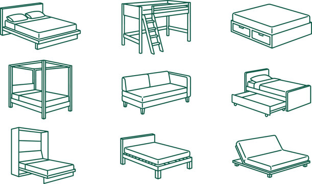 Various bed and furniture including bunk beds, storage beds, canopy beds, sofa beds, and folding beds on a white background