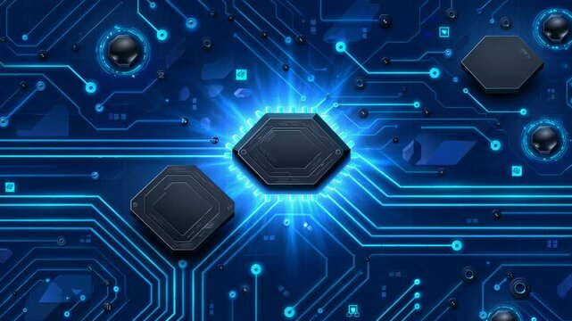 Glowing blue digital microchip circuit board with futuristic technology design