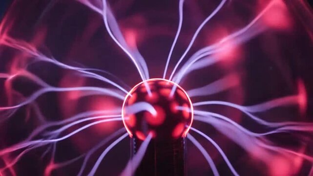 A glowing plasma globe emits vibrant pink and purple electrical discharges in the dark