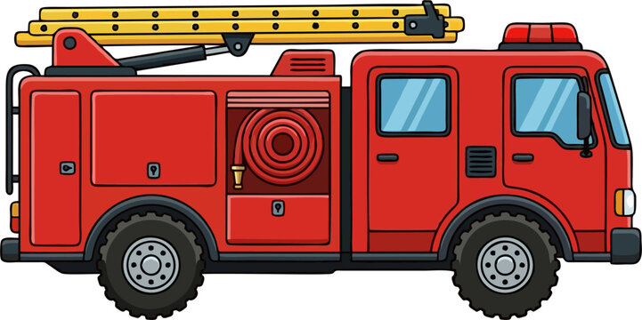 Red Fire Truck Side View with Ladder and Equipment Cartoon Illustration