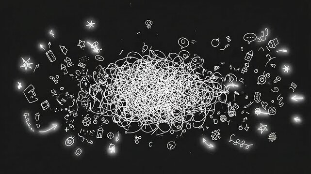 A storyboard showing a glowing cloud of creative doodles on a dark blackboard
