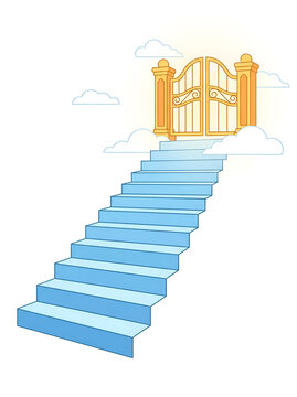Stairway to heaven gate vector with golden entrance in clouds