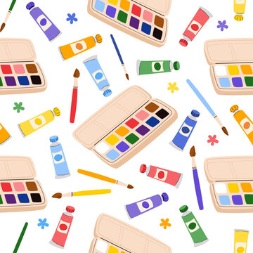 Seamless pattern with paint, brushes, palettes. Colorful background with school stationery.