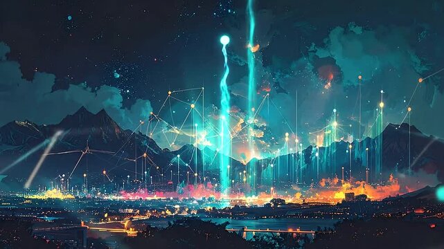 Futuristic smart city network connection at night with glowing data lines
