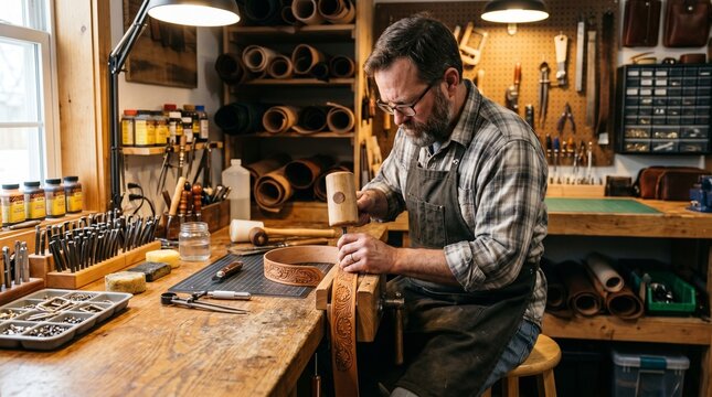 Skilled craftsman meticulously carving intricate floral patterns onto a leather belt using traditional tools in a well-organized workshop