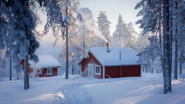 Cozy red cabins in a snowy winter forest with smoke rising from the chimney on a clear cold day