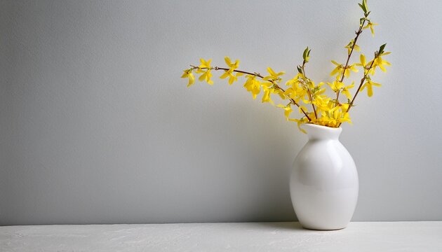 White Ceramic Vase With Forsythia Sprig On Light Gray Background Cool Spring Minimalist Still Life Decor