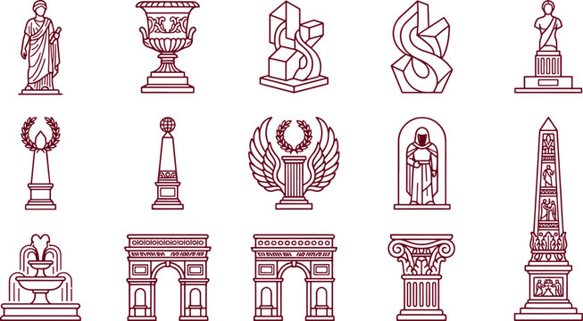 Collection of classical statues, urns, abstract monuments, laurel wreaths, and architectural arches in a maroon line style on white