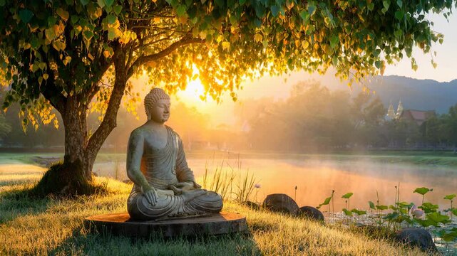 Peaceful Buddha statue meditation under Bodhi tree by serene lake at sunrise with soft golden sunlight