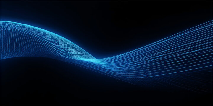 Abstract electric blue particle wave with flowing digital grid lines on black background