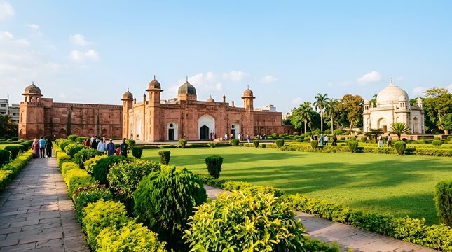 Lalbagh fort in dhaka, bangladesh, featuring the historic mosque and the tomb of pari bibi set within a lush, wellmaintained garden