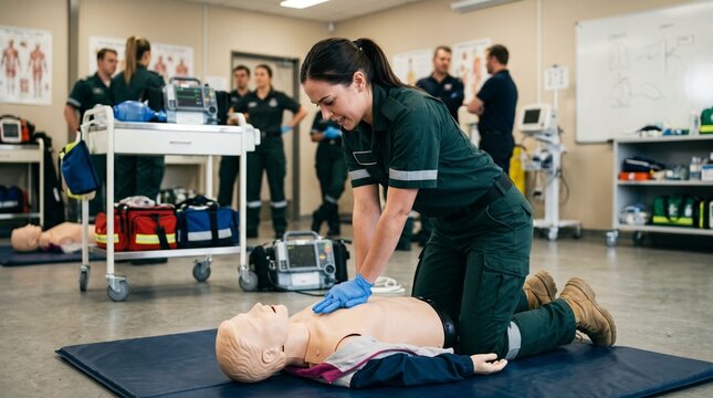 Paramedic student practices CPR on a dummy during emergency medical training class with instructors and equipment