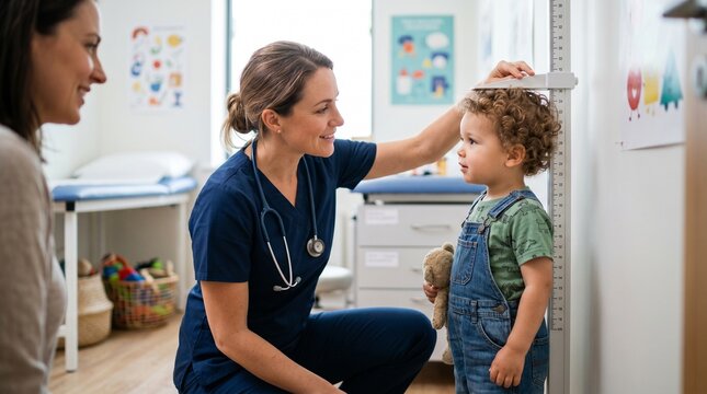 Pediatrician measures height of a young child in a clinic while mother watches smiling