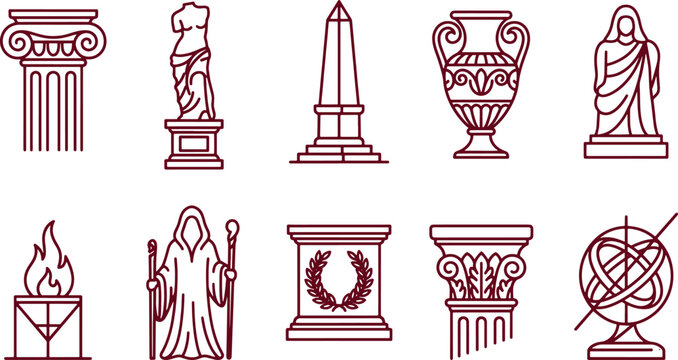 Collection of nine dark red linear representing classical statues, architectural and historical symbols on white background