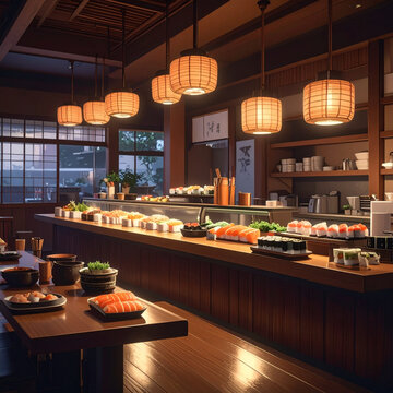 Interior of a traditional Japanese sushi bar with warm lantern light