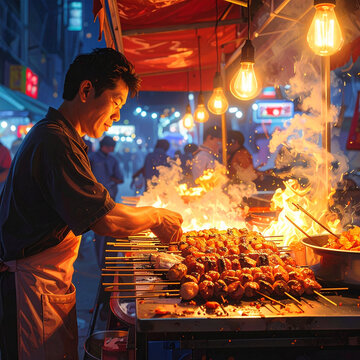 Asian Street Food Vendor Grilling Meat Skewers at Busy Night Market