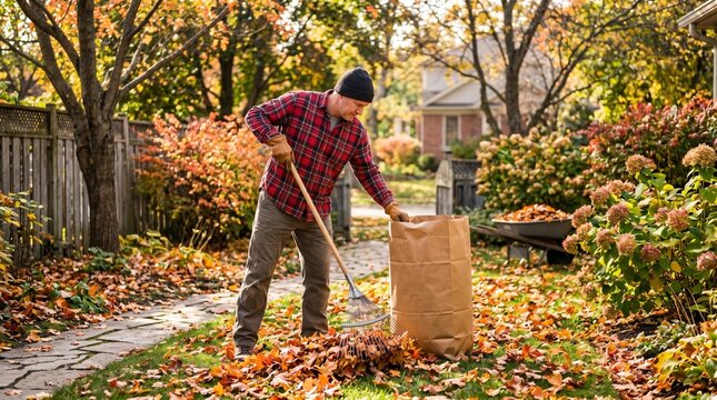 Man raking fallen autumn leaves into a large paper bag in a suburban backyard during fall season
