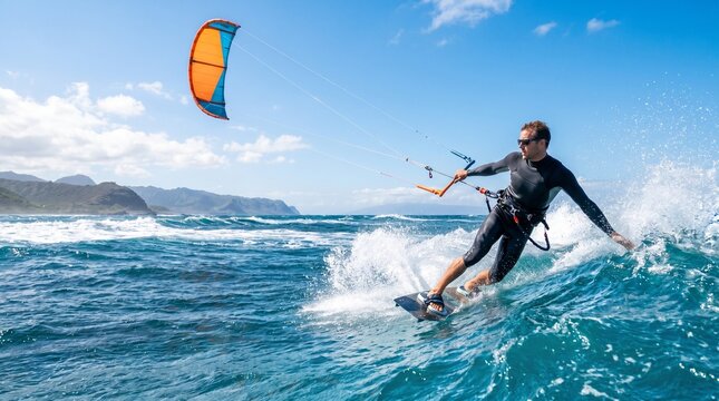 Man kitesurfing on a sunny day with blue sky and ocean waves creating splashes, active lifestyle and extreme sport