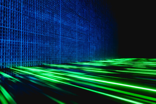 A futuristic digital space showing binary code on a wall and glowing neon light trails on the floor, representing data flow and technology.