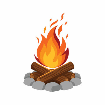 A campfire burns with vibrant orange and yellow flames surrounded by logs and stones in a fire pit