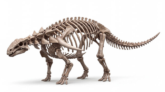 Borealopelta markmitchelli full skeleton displayed in anatomical scientific reconstruction with accurate bone structure and proportions, isolated on white background