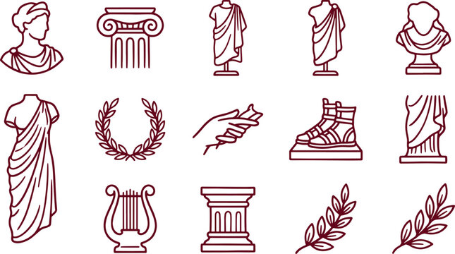Fifteen dark red line depicting ancient roman and greek historical like busts, columns, statues, laurel wreaths, and lyres