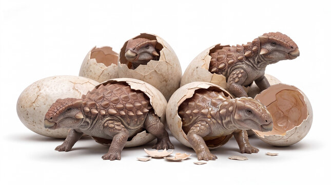 Borealopelta markmitchelli hatchlings emerging from eggs in a nest, showing early life stage and accurate armored dinosaur anatomy in a detailed scientific paleontological reconstruction isolated on w