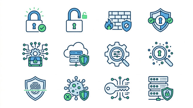 Cybersecurity Icons Representing Digital Security and Data Protection.