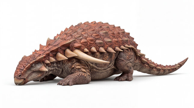 Borealopelta markmitchelli sleeping in a resting posture, showing natural behavior and accurate armored anatomy in a detailed scientific paleontological reconstruction isolated on white background