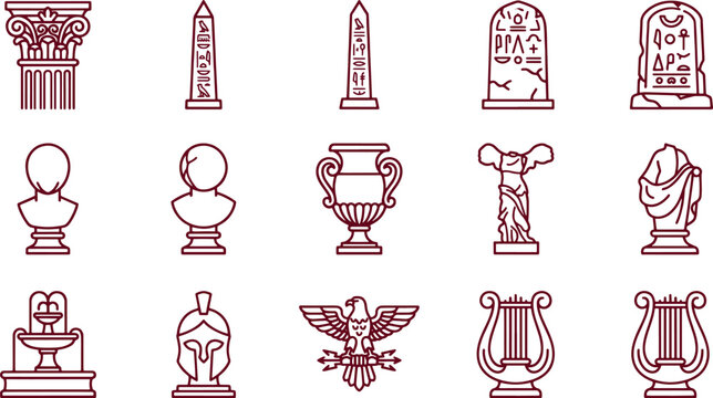 Set of ancient architectural and symbolic featuring columns, obelisks, vases, busts, and lyres in maroon outline style