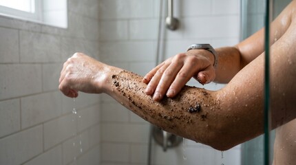 Fototapeta premium Close up of a person applying coffee body scrub to their arm in a shower with water droplets and steam visible