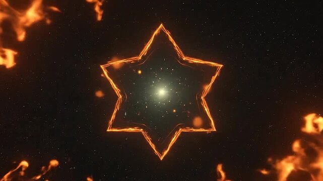 A glowing fiery six-pointed star shines brightly in dark cosmic space