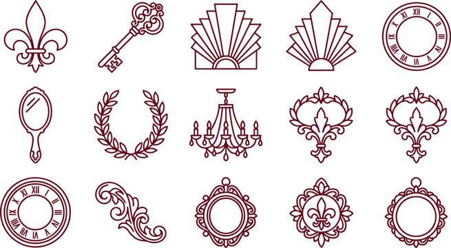 Set of vintage decorative featuring a fleur-de-lis, skeleton key, deco fans, roman numeral clocks, mirrors, wreaths, and chandeliers