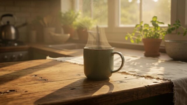 Cozy morning scene with steaming coffee mug on rustic wooden table near sunny window with plants