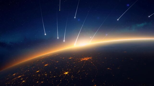 Meteor shower over planet Earth with glowing city lights and bright sunrise on the horizon in space