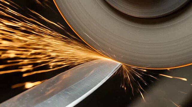 A metal blade is sharpened on a grinding wheel with bright sparks flying