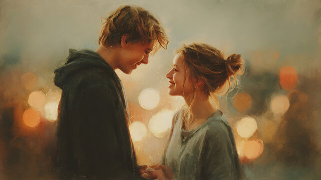 Young couple looking at each other on an abstract blurred background. Man and woman in love. Theme of romance and love.