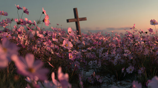 Field adorned with hues of pink flowers embraces a poignant cross
