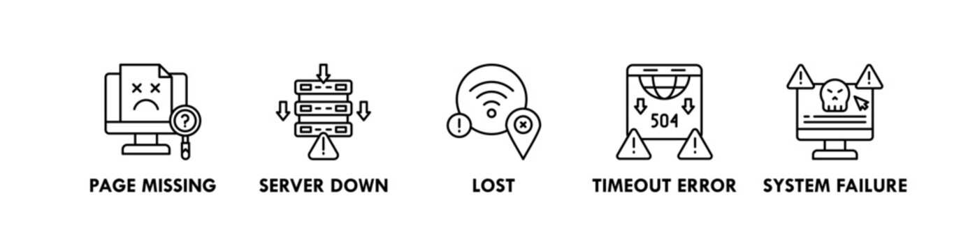 Error Pages banner web icon illustration concept with icon of page missing, server down, lost, timeout error, and system failure