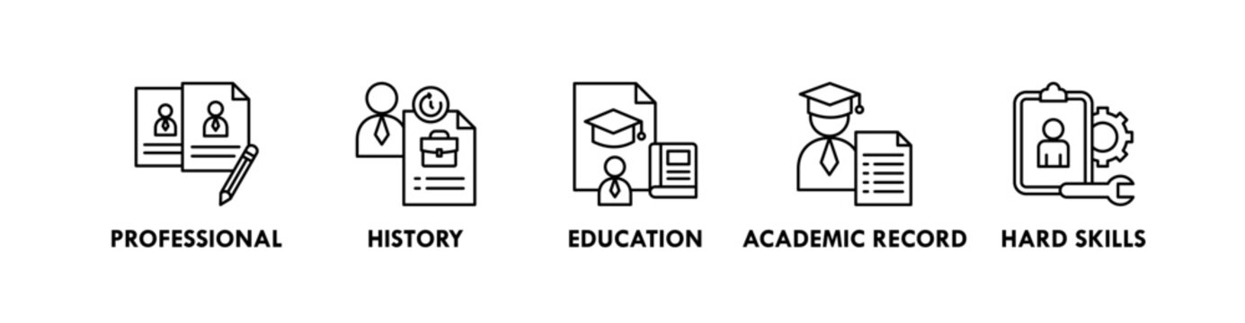 Curriculum Vitae banner web icon illustration concept with icon of professional, history, education, academic record, and hard skills