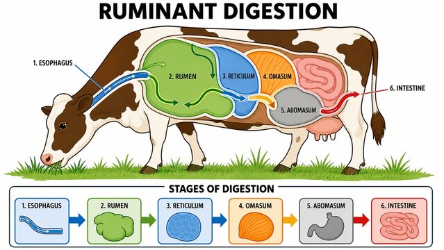 Ruminant Digestion System Illustration with Cow Anatomy Showing Stomach Chambers and Intestinal Process for Educational Science Use