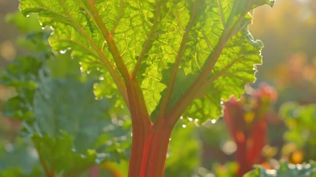Fresh green rhubarb leaves grow in a sunny garden with morning dew