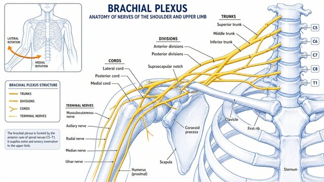 Brachial Plexus Detailed Anatomical Illustration Showing Nerve Origins and Pathways in the Shoulder and Upper Limb for Medical Education