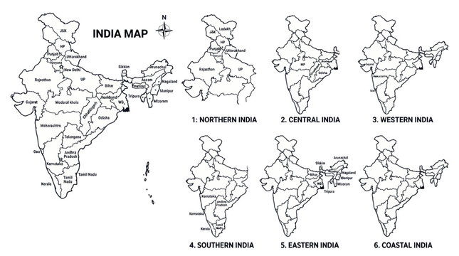 India Map Divided into Regions: Northern, Central, Western, Southern, Eastern, Coastal
