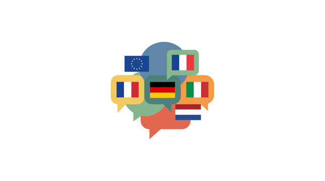 European Union Flags and Speech Bubbles, Multilingual Communication Concept