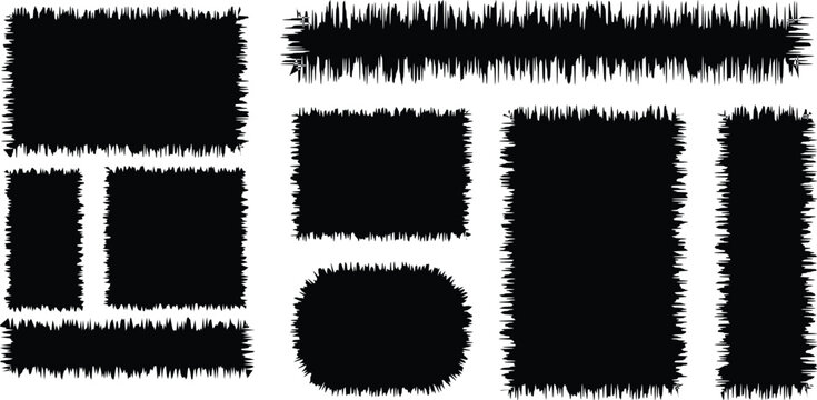 Black Grunge Distorted Border Shapes and Spiky Frame Elements Vector Set